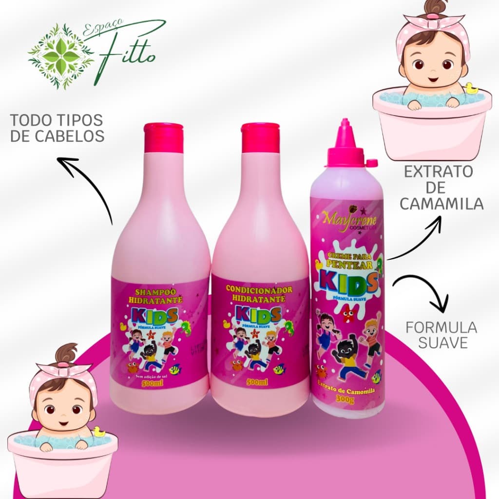 Kit kids ROSA Shampoo 500ml + Condicionador 500ml + Creme de Pentear 300ml Hidratante Maycrene