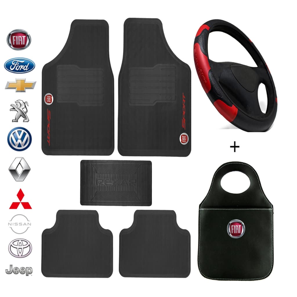 Kit Automotivo Completo Tapete 5 Peças + Capa de Volante + Lixeira