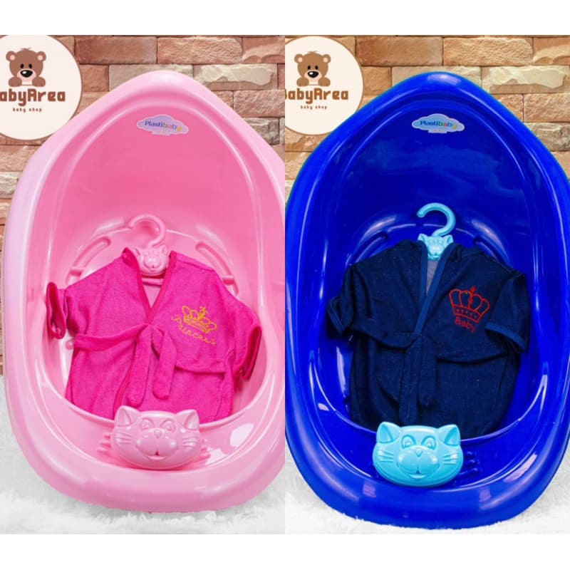 Kit Banheira PlastiBaby  Menina e Menino 22 Litros + Saboneteira de gatinho + Porta Chupeta + Roupão