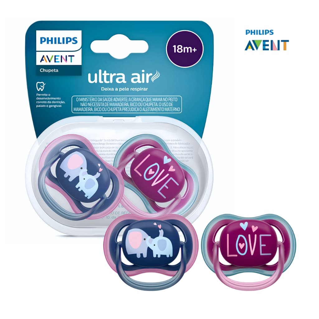 Kit 2 Chupetas Avent Ultra Air 18m+ Com Estojo Bico Silicone Anatômico Bebês A Partir de 18 Meses Chupeta Estampa Roxo Azul Elefante Love Coração