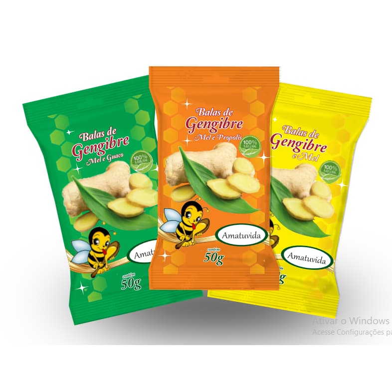 Kit 3 Pacotes Bala de Gengibre Vários Sabores 100% Natural com Pedacinhos de Gengibre Saudável