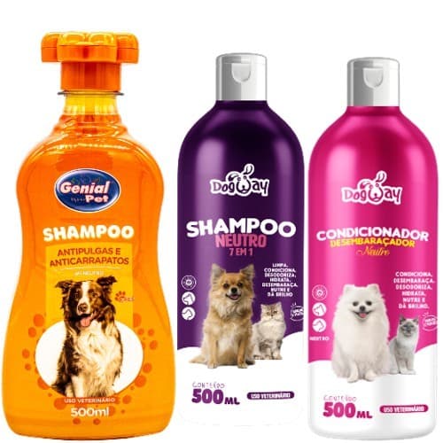 Kit Shampoo Antipulgas Para Cachorro E Gatos 500 Ml + Condicionador + Shampoo Neutro Genial Pet