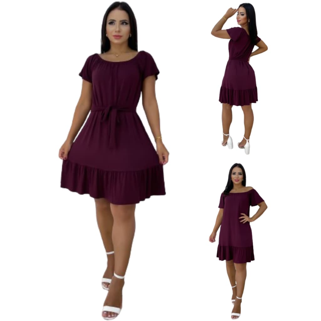 Vestido Ciganinha Feminino Ombro a Ombro Médio Festa Passeio Laço Removível Elegante Vestido Rodado Moda Casual  Verão