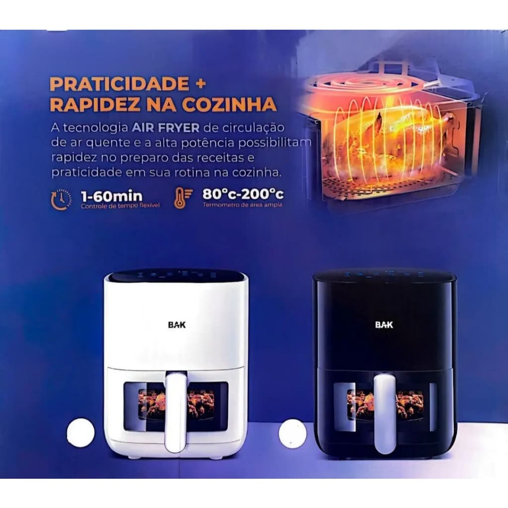 Fritadeira Elétrica Preta sem óleo Air Fryer Family 5,5L 1500w 127V - Bak