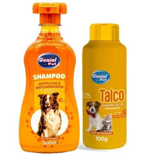 Kit Talco Perfumado Para Caes E Gatos + Shampoo Anti Pulgas e Carrapatos Eficaz