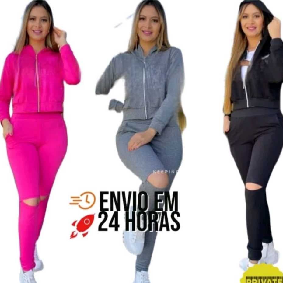 Conjunto  Feminino Moletom com Ziper Manga Longa de Frio