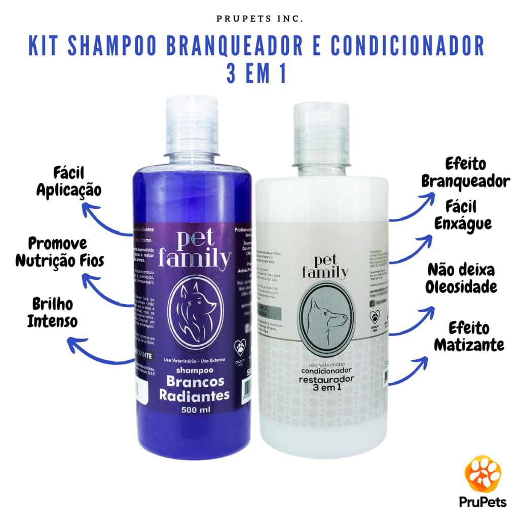 Kit Shampoo Branqueador Pet e Condicionador Restaurador 3x1 Para Cães e Gatos 500ml Pet Family