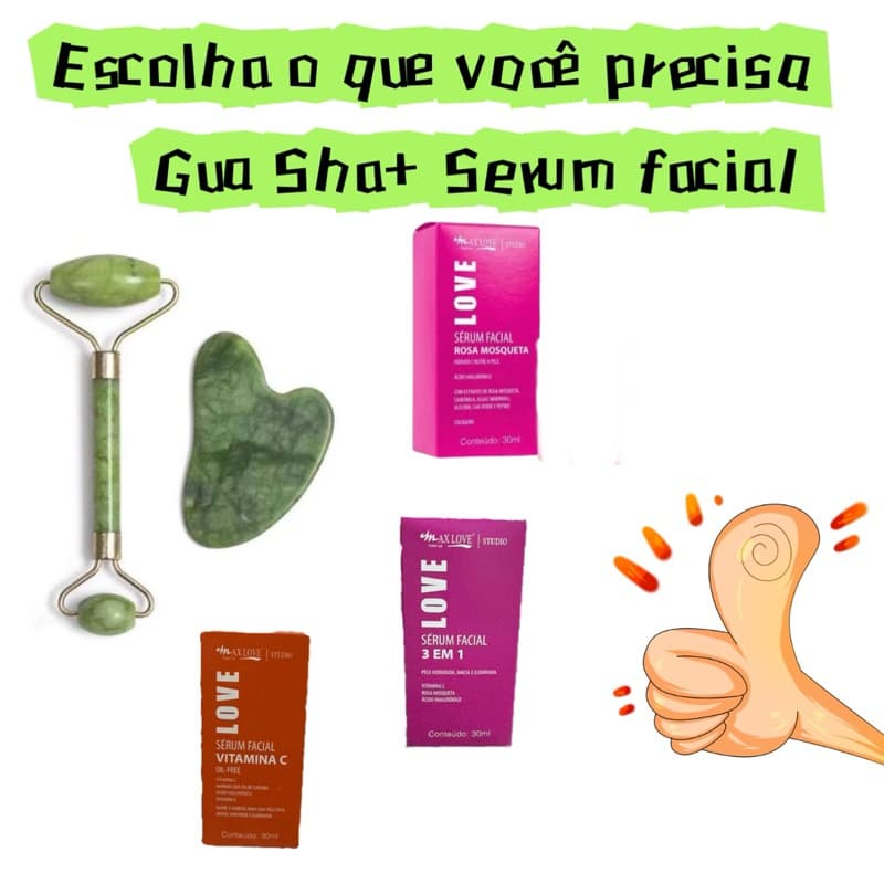 Massagem Rolo Gua Sha+Serum Facial Maxlove rosa mosqueta /vitamina c/3 em 1/10 em 1