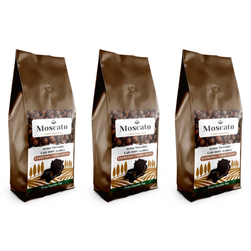 Kit 3 uni Café em Grãos Torrados Gourmet Expresso 1Kg / Torra Média Café Moscato