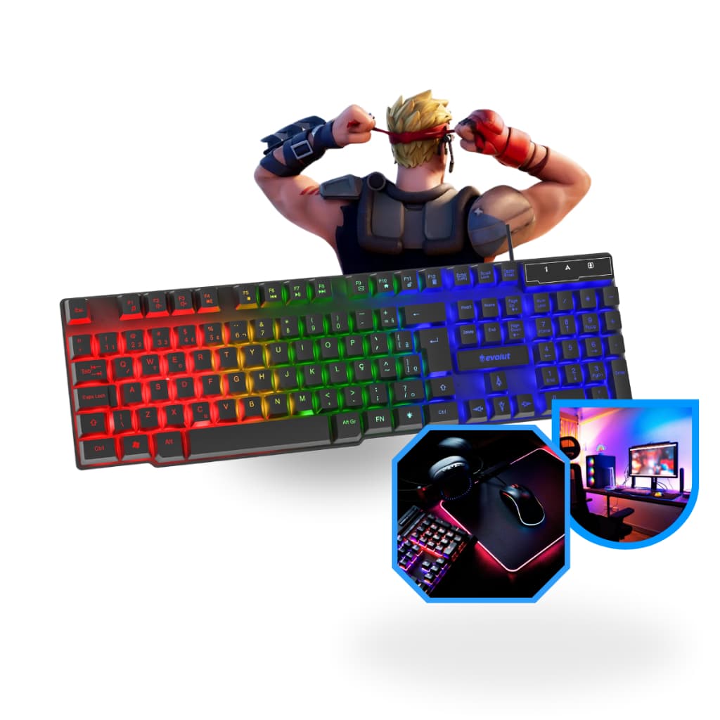 Teclado Gamer Semi Mecanico LED Com Fio Qwerty Português Led RGB Rainbow Ergonômico