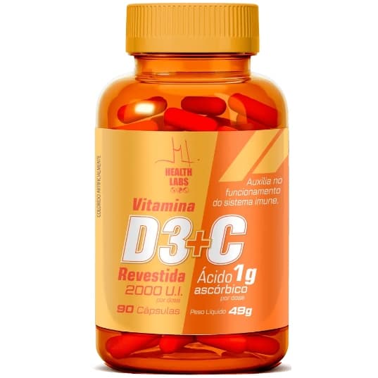 Vitamina D3 (2000U.I.) + Vitamina C (1g) - 90 Cápsulas - Health Labs (45 Doses)