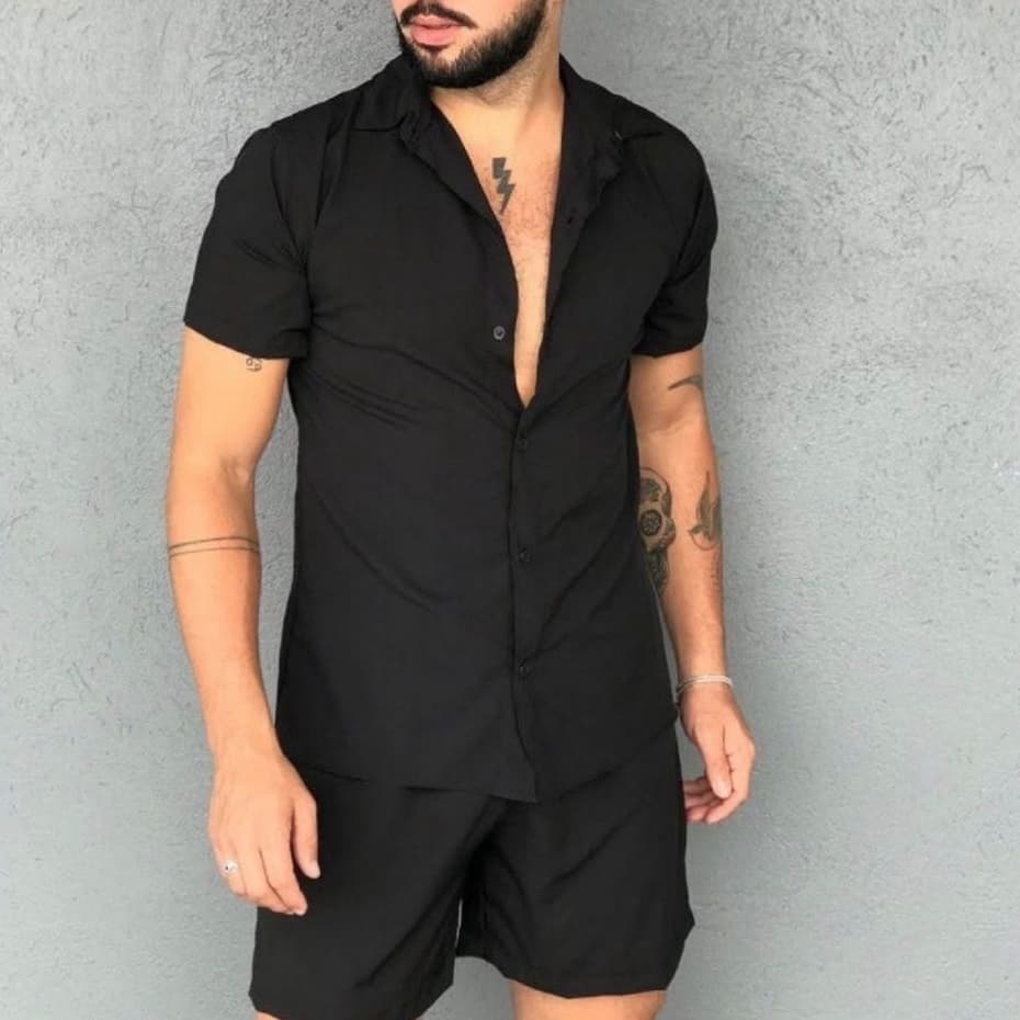 CAMISA SOCIAL CONJUNTO LISA MASCULINA SLIM FITE MANGA CURTA 2025