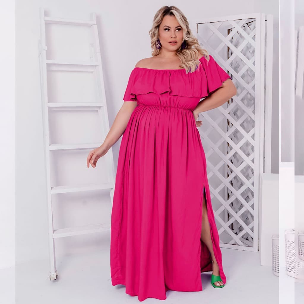 Vestido Festa Plus Size Vestido Feminino Longo Fenda Ombro a Ombro Ciganinha Moda Feminina Blogueira