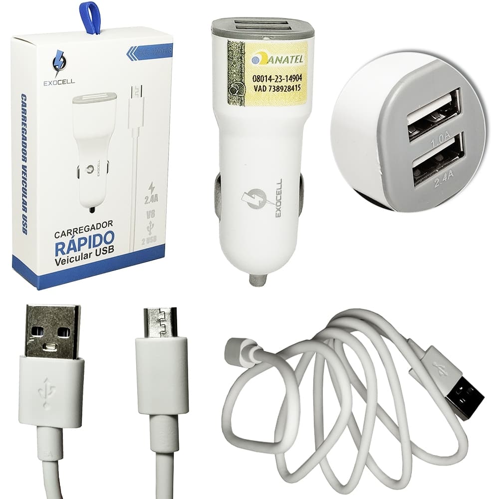 CARREGADOR VEICULAR RAPIDO COM 2 SAIDAS USB + CABO