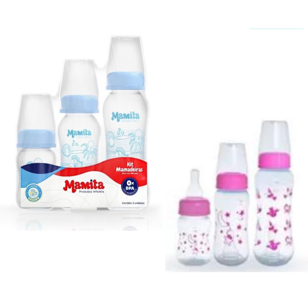 Kit 3 Mamadeira Mamita 80ml 150ml 240ml Para Bebe Azul/Rosa