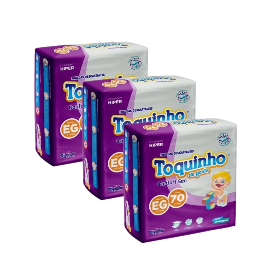 Fralda Descartável na Promoção Kit com 3 Pacotes Toquinho Confort Sec Hiper - Tam. EG - 210 Unidades