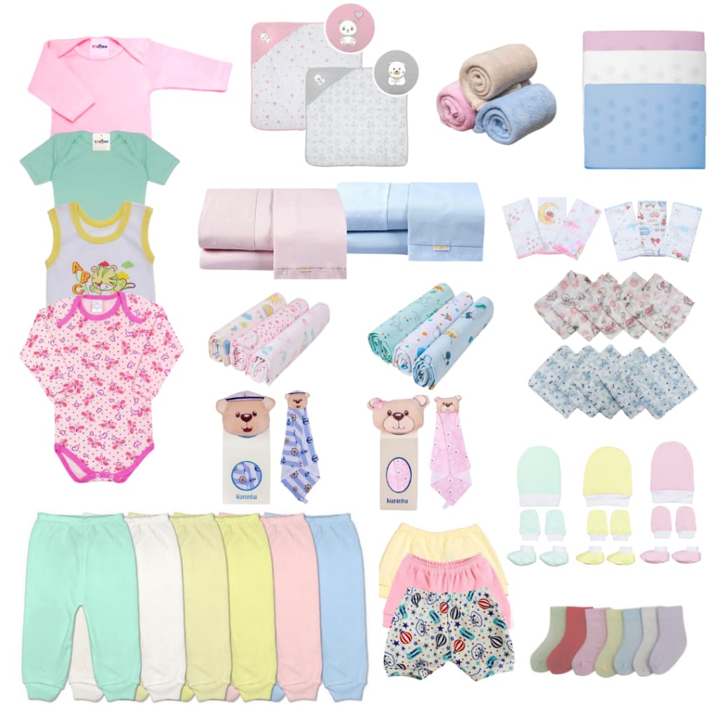 Kit 40 Peças Enxoval Bebê Body Mijão/Manta/Cueiro/Fralda/Pano de Boca/Touca/Luva/Meia/Naninha/Kit Berço - 100% Algodão