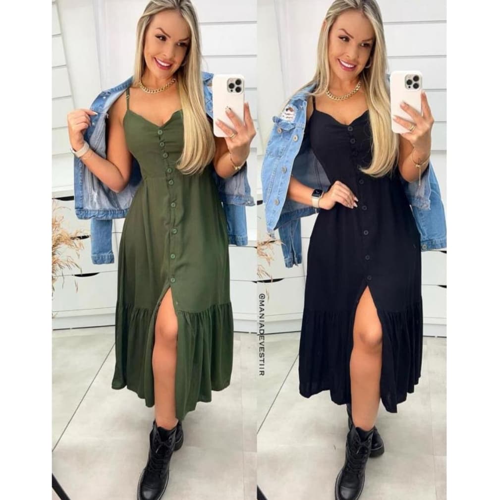 Vestido Longo Com Botões A Frente Com Babado e Bojo  Elástico Costas Moda 2026