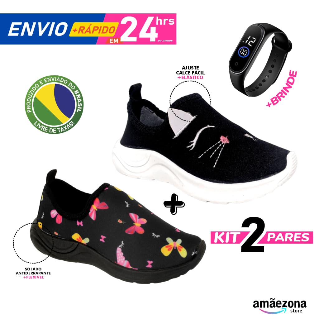 Kit 2 Tênis menina feminino estampa borboleta sola preta solado escuro confortável enfiar o pé