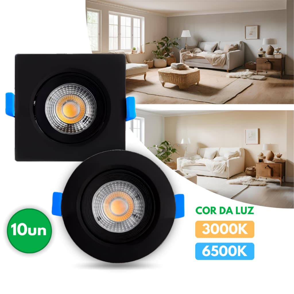 Kit 5-10 Luminária Led Spot 5W 7W Preto Bivolt Embutido Branco Frio Quente Redondo Quadrado - 100LIM