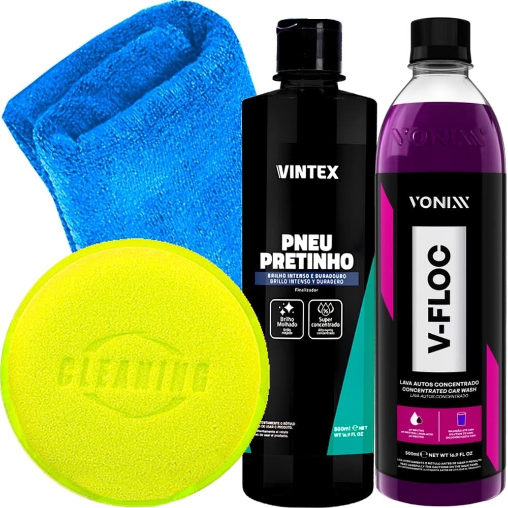 Kit Shampoo Pneu Pretinho Produtos Vonixx Shampoo V-Floc e Pretinho Vintex para Carro Moto Toalha e Aplicador