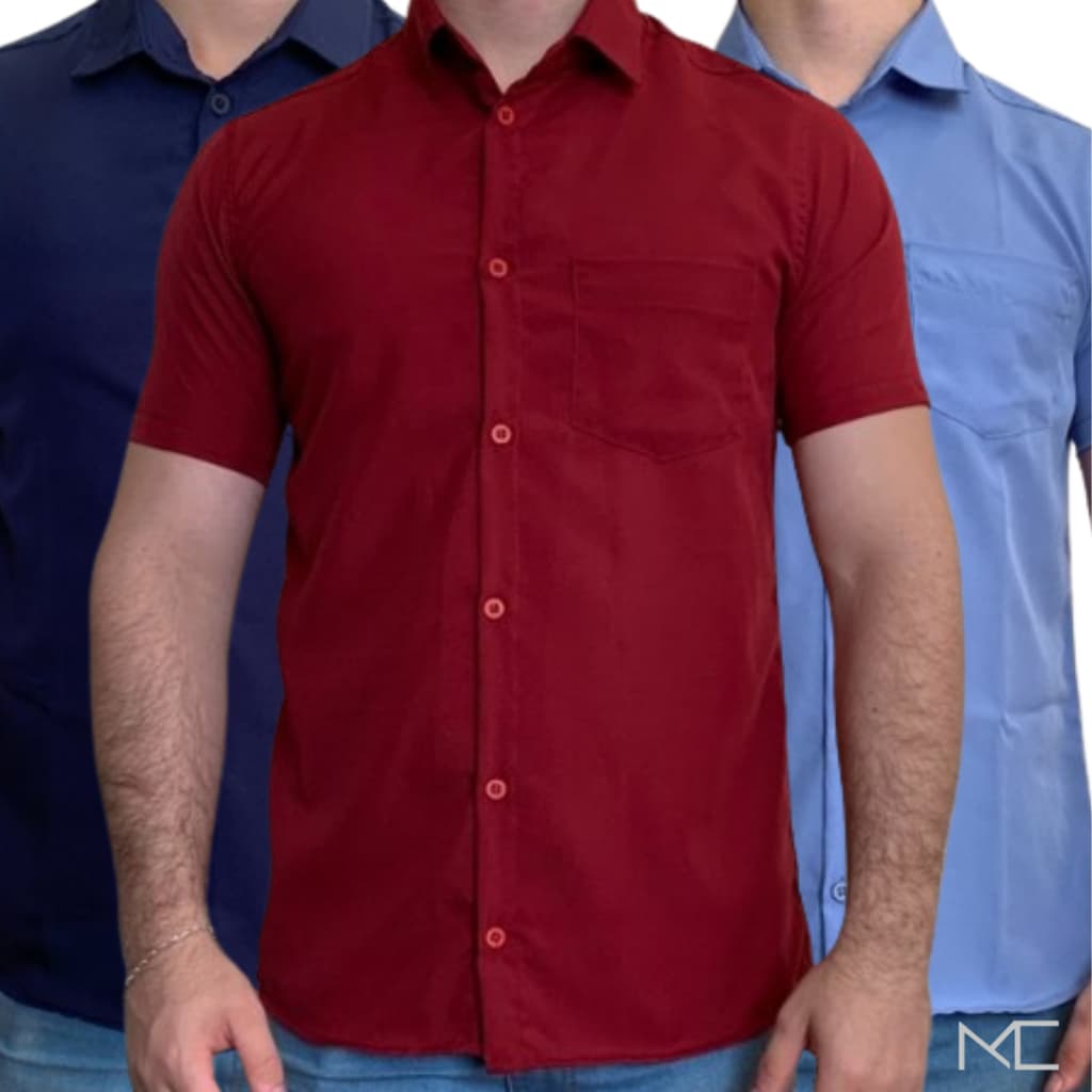 Kit 3 Camisa Social Slim Masculina Manga Curta Com Bolso MicroLeve Não Amassa