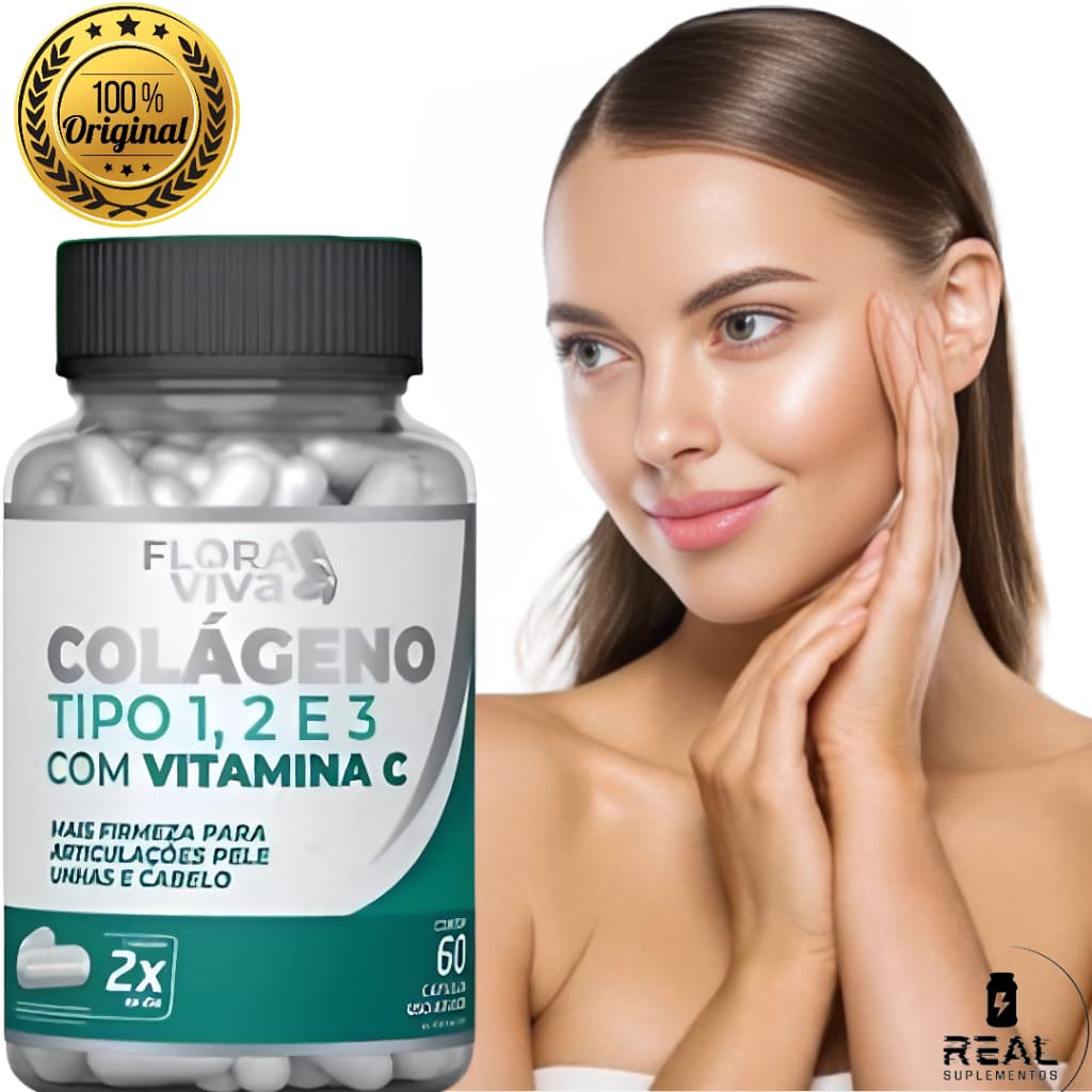 colageno tipo 1, 2 e 3 com Vitamina C Fortalece pele, cabelos e articulações- Flora Viva
