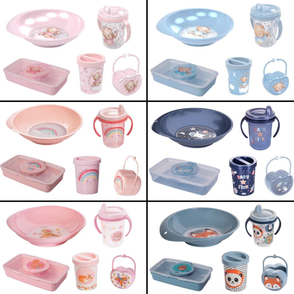Kit Bebê Porta lenços umedecidos + Prato + Copo Treinamento + Porta Chupeta + Porta Cotonete portátil bebê Infantil Plásutil BPA Free prático higiênico C/ Tampa