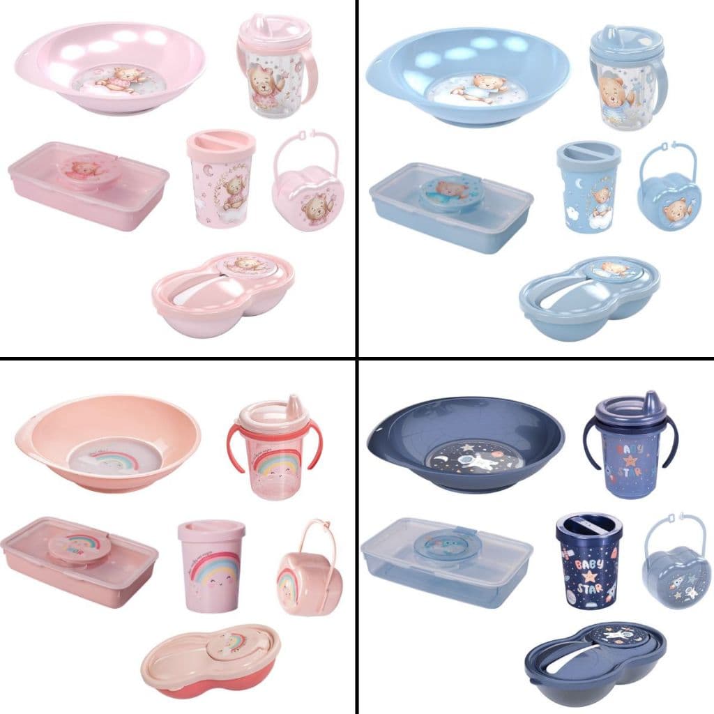 Kit Bebê Porta lenços umedecidos + Prato + Porta Papinha + Copo Treinamento + Porta Chupeta + Porta Cotonete portátil Plásutil BPA Free bebê Infantil prático higiênico C/ Tampa