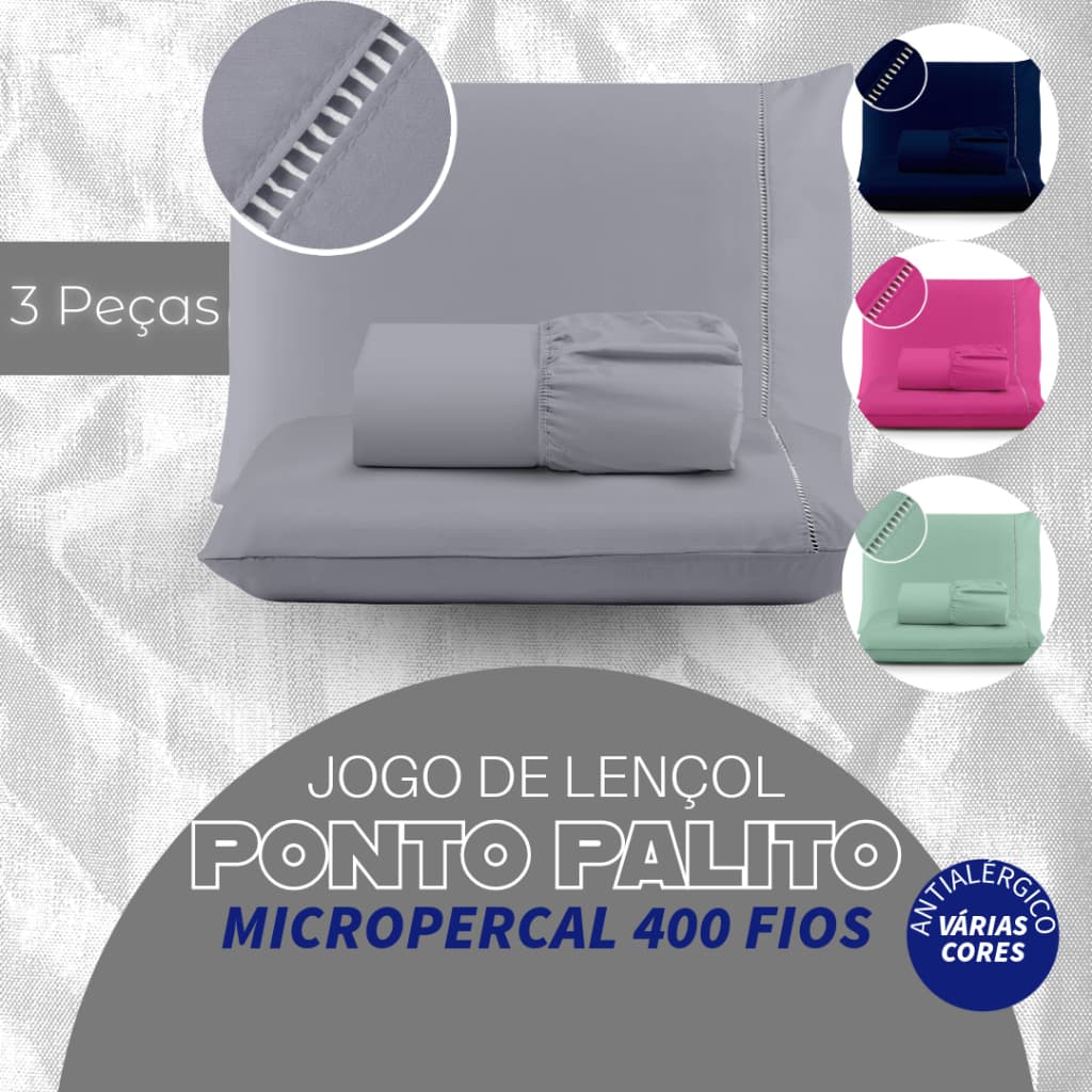 Kit Jogo de Cama Box Lençol 400 fios Micropercal Ponto Palito - Tamanhos: Solteiro 2 Peças - Casal,Queen e King 03 Peças