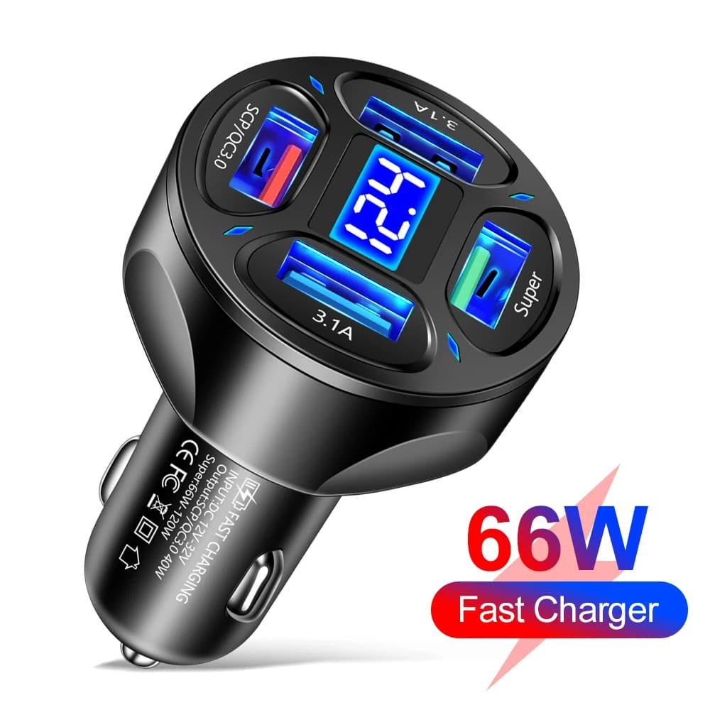 Carregador Veicular Rápido 4 Portas Usb Turbo Carro Android Iphone Tomada Usb Automotivo 66W QC 3.0