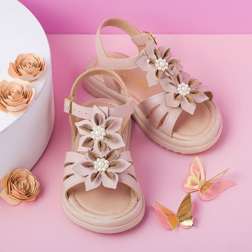 Sandália Infantil MODELO 080-016  Feminina com Flor e Pérolas - Delicada e Confortável
