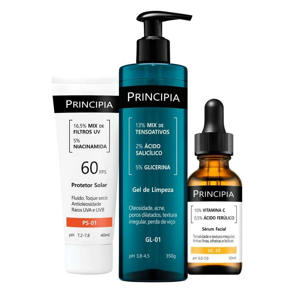 Principia Kit Trio Clássico c/ Gel de Limpeza GL-01 + Vitamina VC-10 + Protetor Solar Facial PS-01 FPS 60