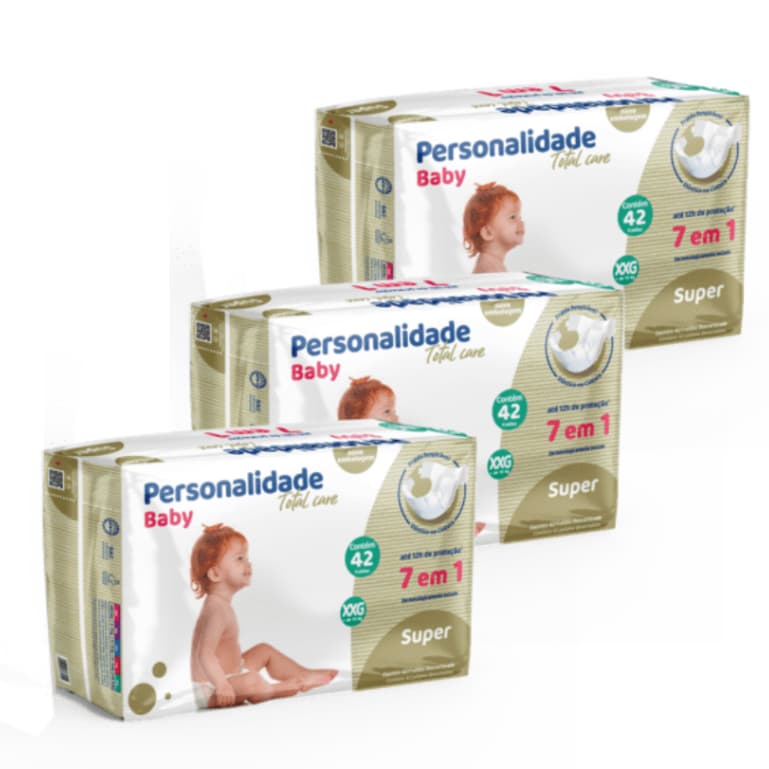 Fraldas Descartável Promoção Kit com 3 Pacotes Personalidade Baby Total Care Tam. XXG - 126 Unidades