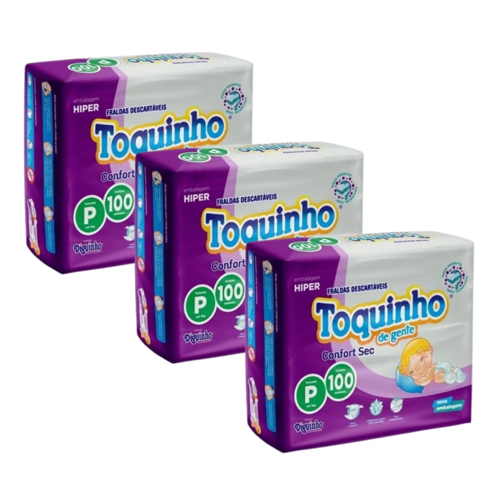 Fralda Descartável na Promoção Kit com 3 Pacotes Toquinho Confort Sec Hiper Tamanho P - 300 Unidades