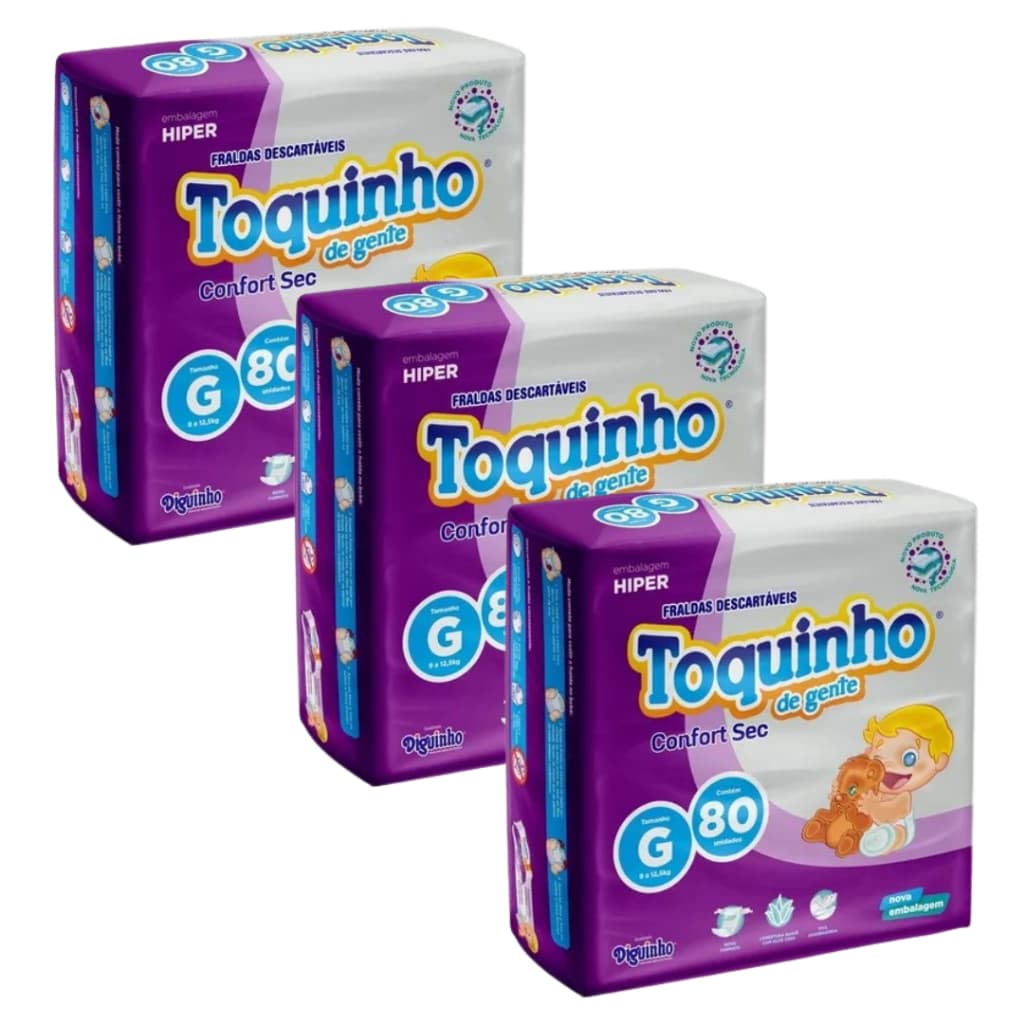 Fralda Descartável na Promoção Kit com 3 Pacotes Toquinho Confort Sec Hiper Tamanho G - 240 Unidades
