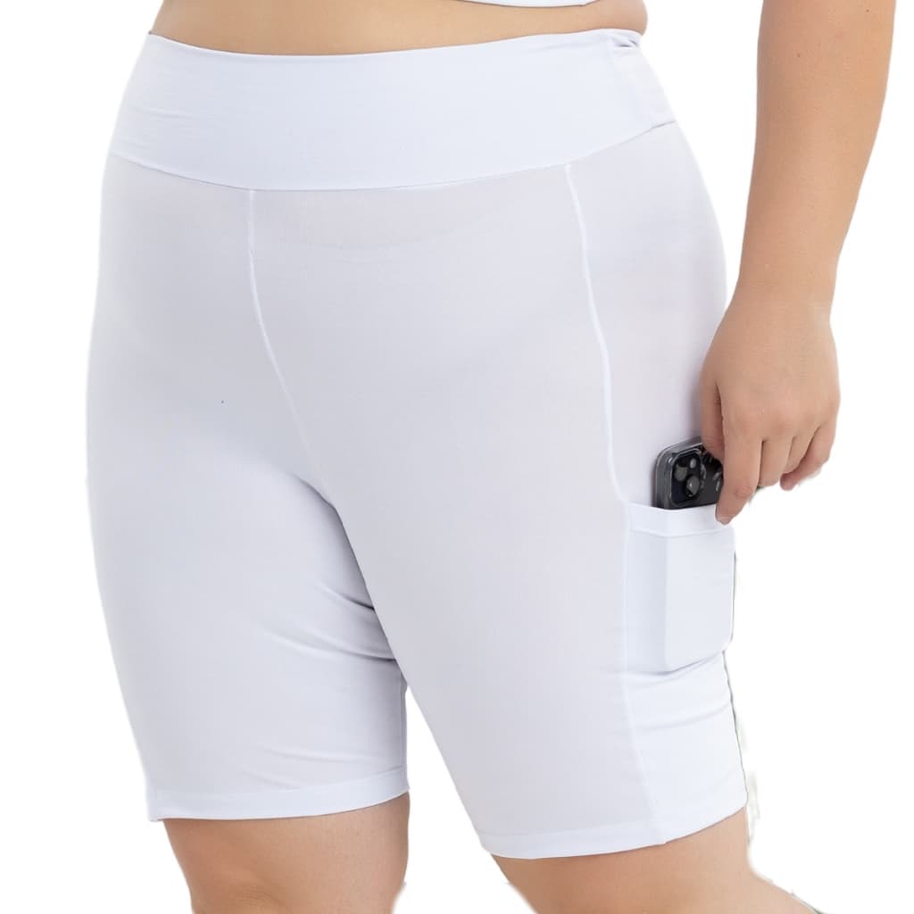 Roupas Fitness Feminina Plus Size Short Reforçado c/bolsos Laterais Versatil Branco 3039.S1