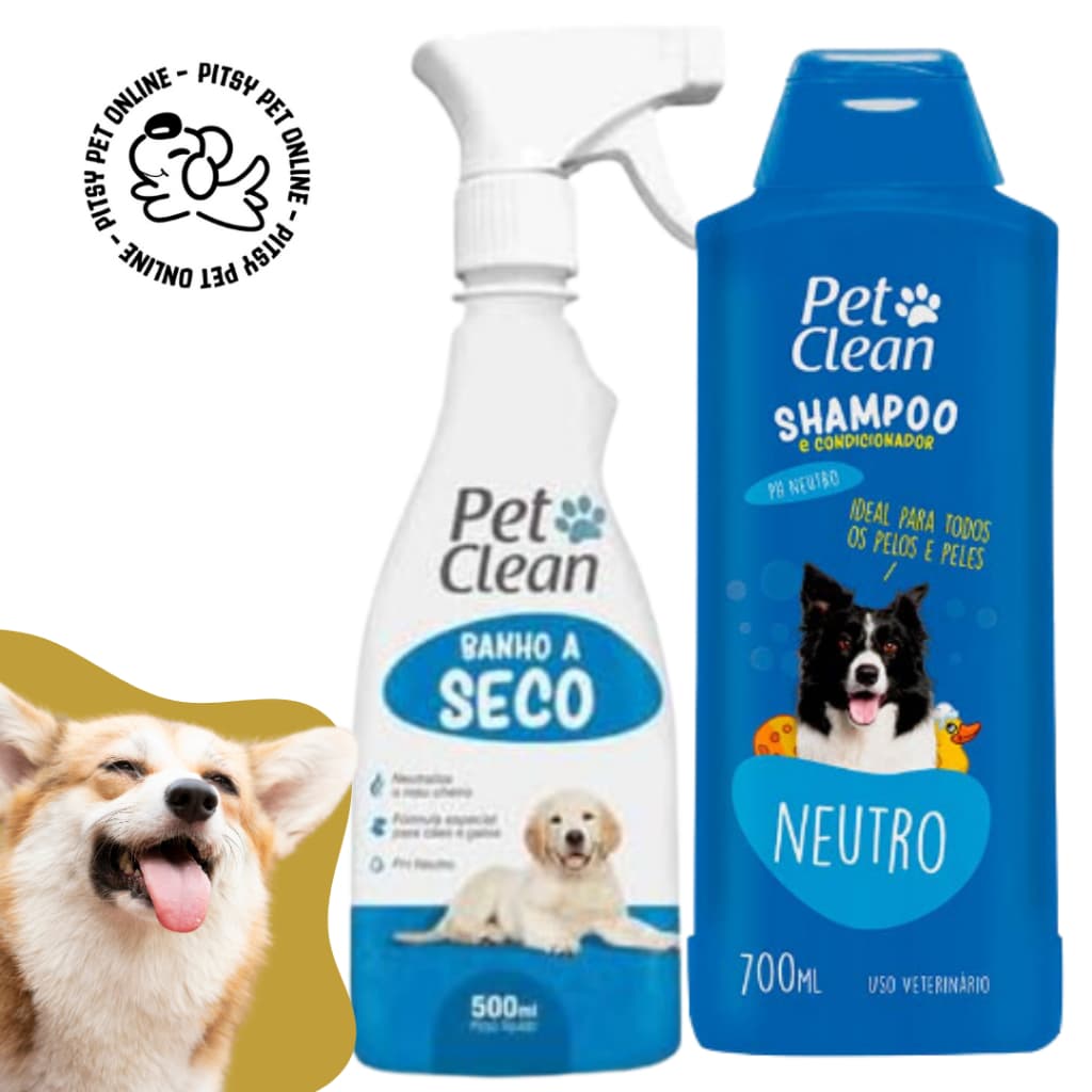 Kit Shampoo para Cachorro e Gato - Shampoo Neutro 700ml + Banho a Seco Pet Clean