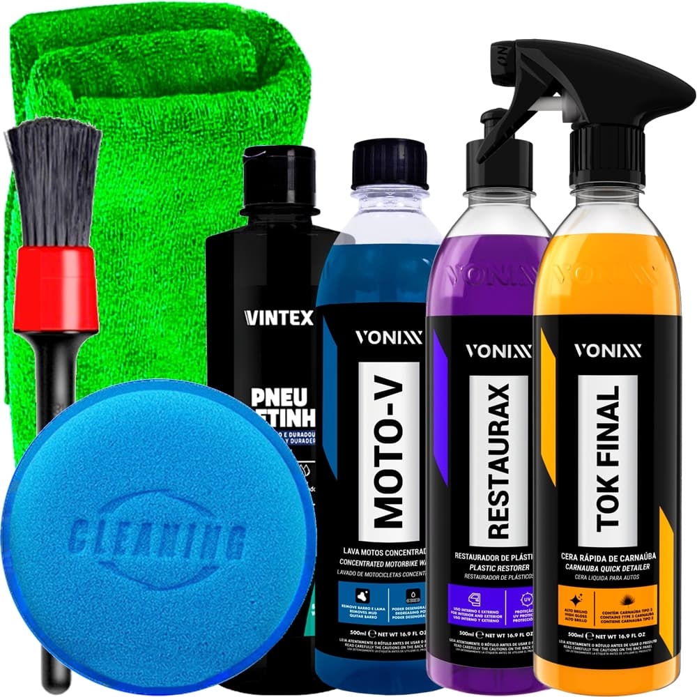 Kit Lavagem Completo Vonixx Shampoo para Carro e Moto Moto-V Pneu Pretinho Restaurax e Acessórios Karbox