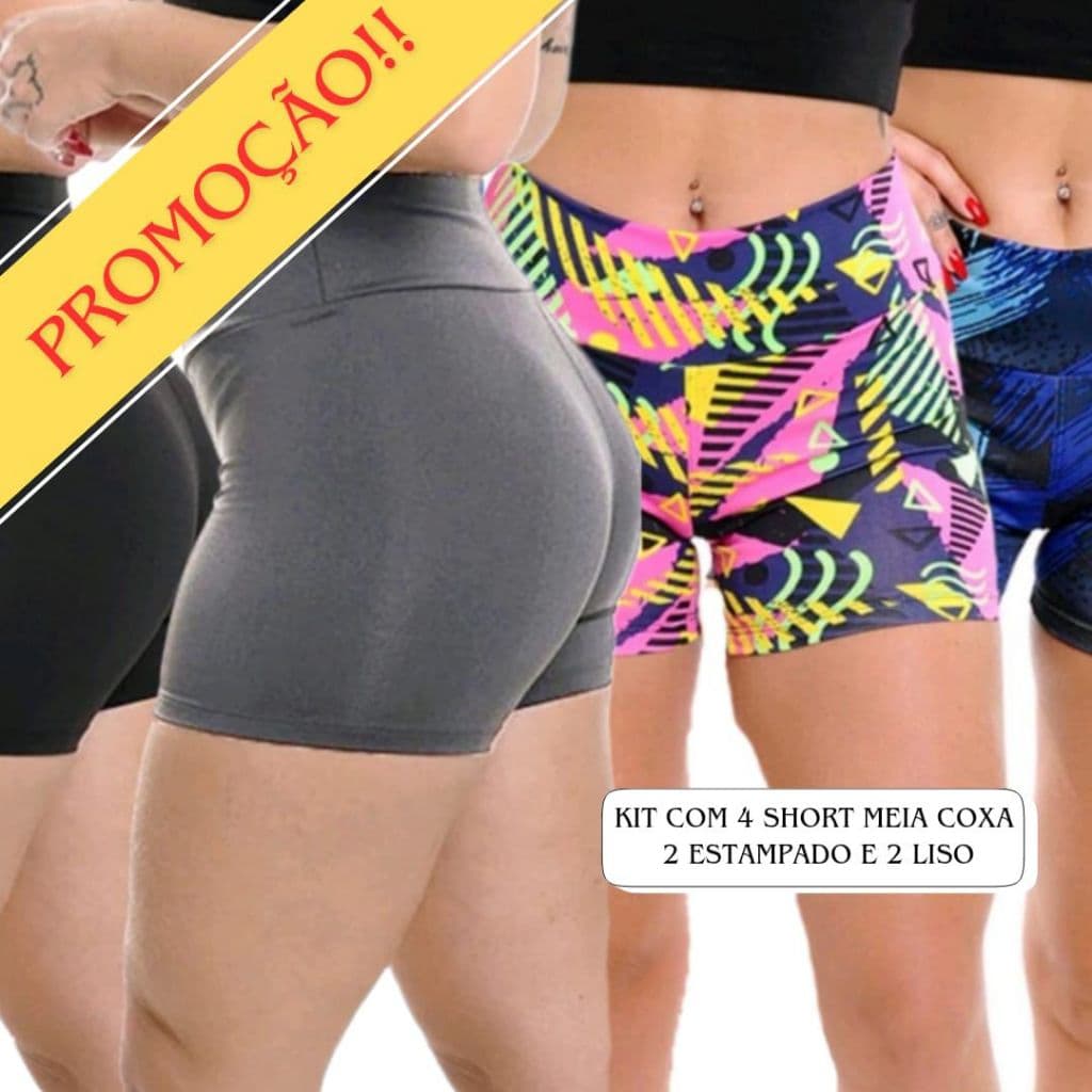 Short Feminino Suplex Kit c/ 04  roupa de academia feminino Yoga/Fitness/Academia/Ciclista/Liso/Estampado