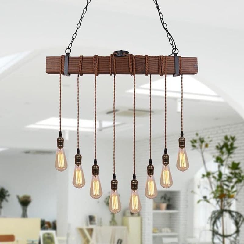 Luzes pendentes de fazenda ilha de cozinha, luminárias de cozinha, luminária rústica para sala de jantar com 8 soquetes de lâmpada E26, luminárias pendentes de teto de metal preto e madeira, luzes