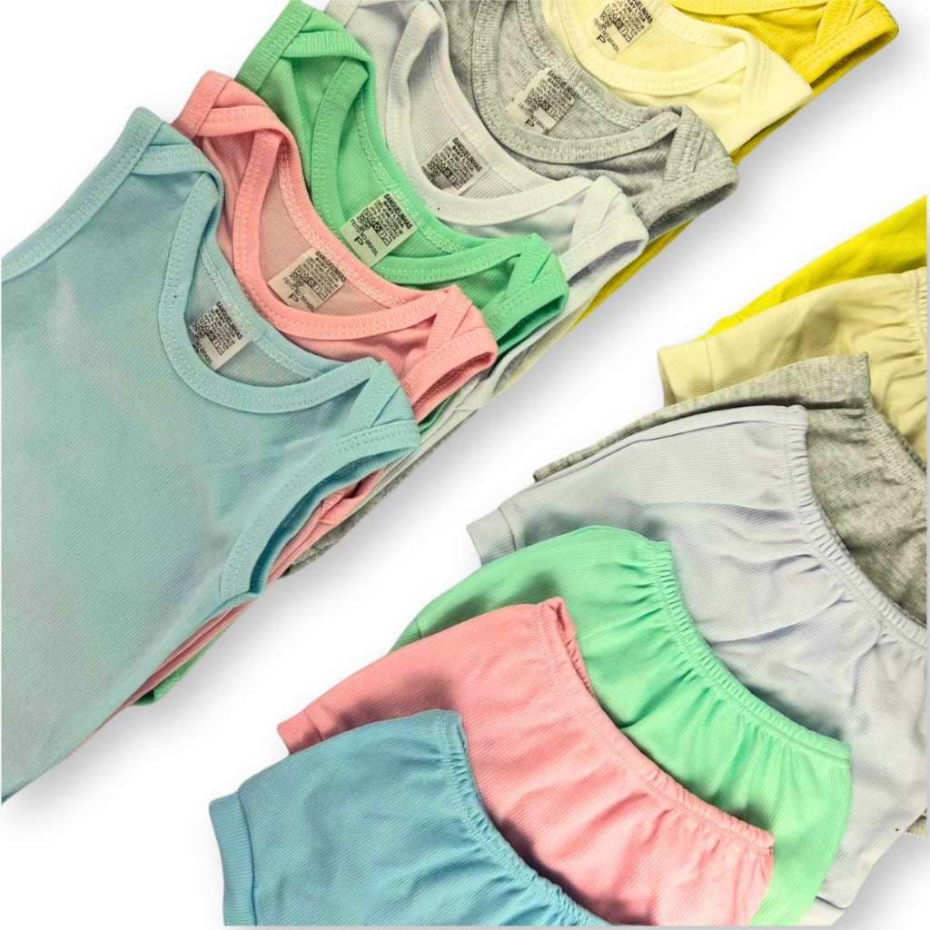 Kit 10 Peças Body Regata + Shorts Tapa Fralda Liso Infantil Bebê Menino e Menina