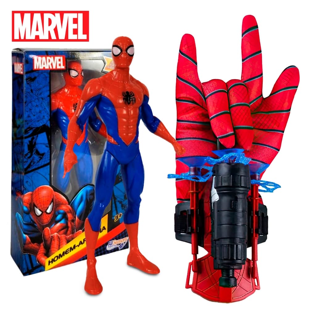 Homem Aranha Brinquedo Infantil Luva Lançador de Teia Dardos + Boneco Articulado Presente Dia das Crianças kit