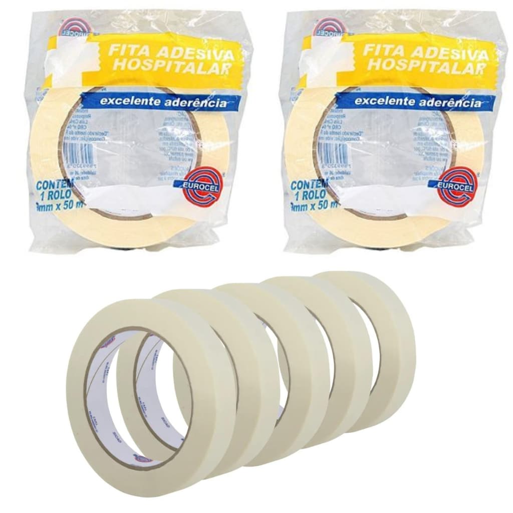 Fita Adesiva Hospitalar de Crepe 190 mm x 50 metros - Kit Com 5 Unidades Eurocel