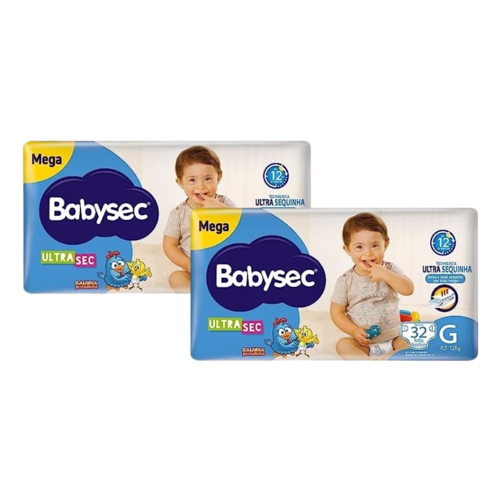 Fraldas Descartáveis Kit com 2 Pacotes Babysec Ultrasec Galinha Pintadinha Mega Tam. G - 64 Unidades