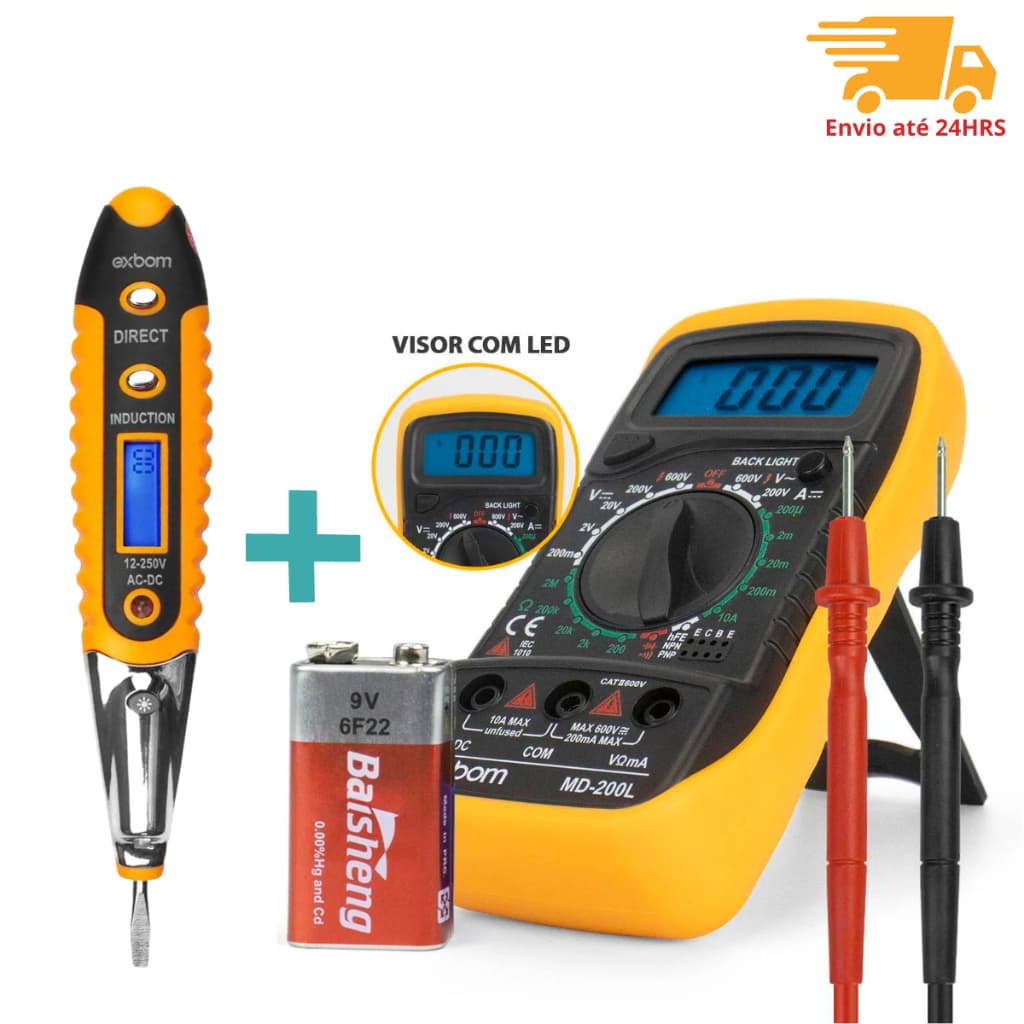 Kit 2 em 1 Chave de Teste de Corrente + Multímetro Profissional digital 3 dígitos painel Iluminado