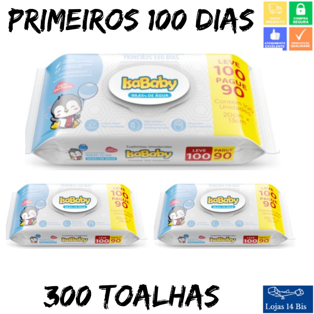 3 Toalhas Umedecidas Lenço Isababy 100 Primeiros Dias c/100 Recém Nascidos Tampa Flip Top