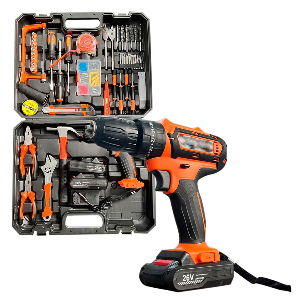 Furadeira Multifuncional Parafusadeira Martelete 26V Portatil a Bateria de Ions + Kit Caixa de Jogo de Ferramentas