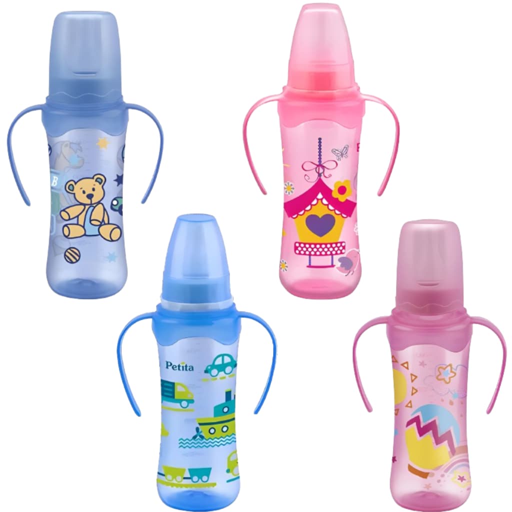 Mamadeira Acinturada com Alça 240ML Bico Silicone - Petita - Estampas Variadas