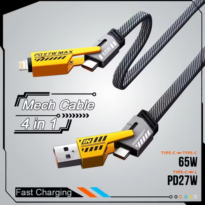 Cabo USB 4 em 1 Tipo C, PD 65W Rápido, Dados e Carga, Para Celular, Tablet e Notebook (Android/iOS)